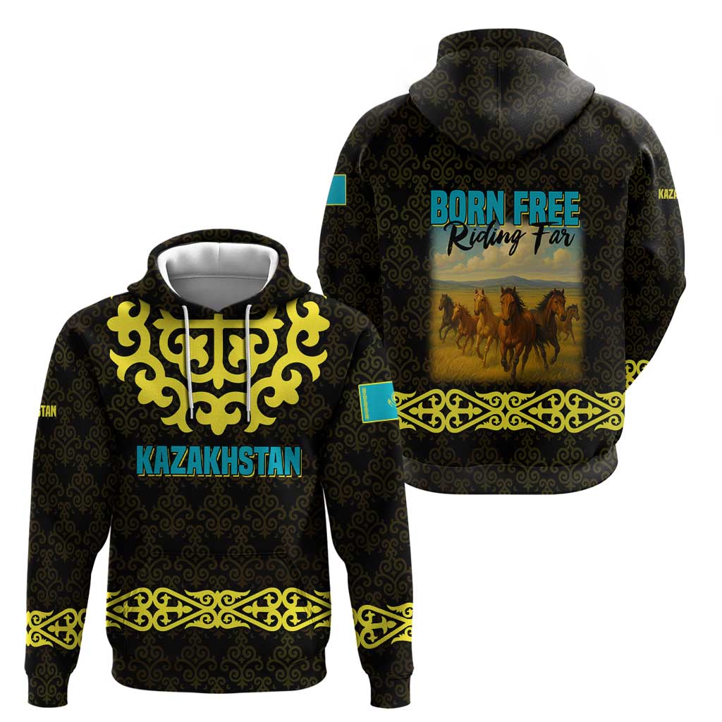 Kazakhstan Born Free Riding Far Hoodie with Wild Horses and Gold Tribal Pattern on Black