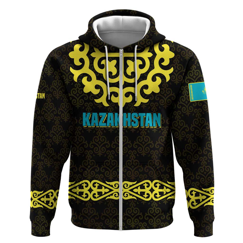 Kazakhstan Born Free Riding Far Hoodie with Wild Horses and Gold Tribal Pattern on Black