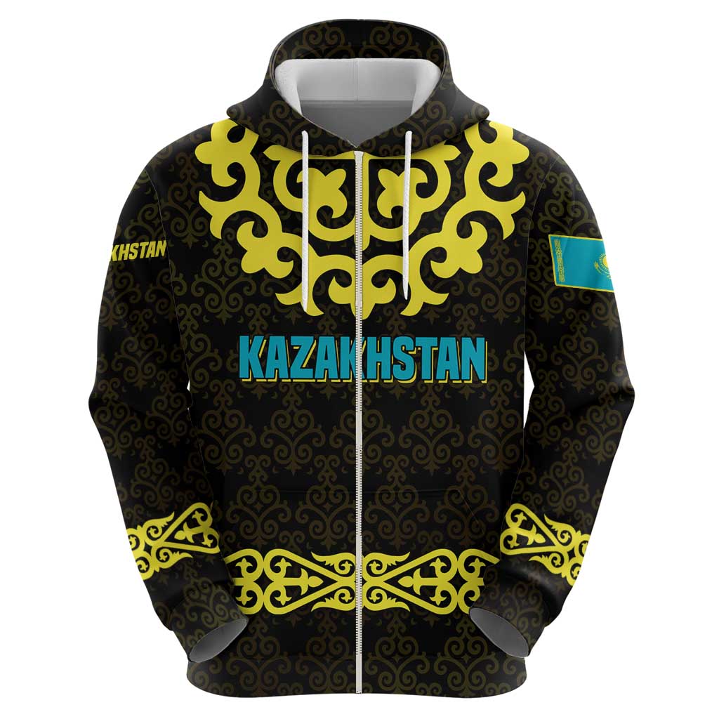 Kazakhstan Born Free Riding Far Hoodie with Wild Horses and Gold Tribal Pattern on Black