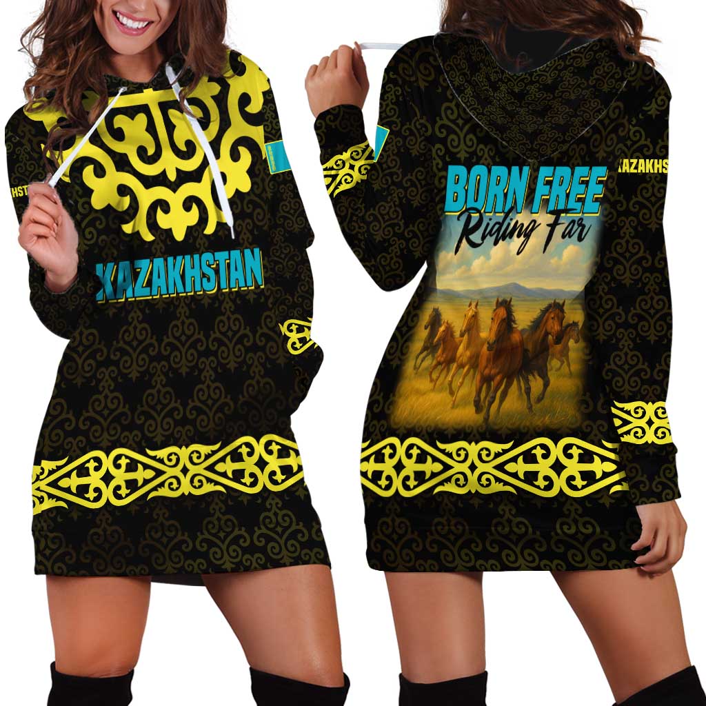 Kazakhstan Born Free Riding Far Hoodie Dress with Wild Horses and Gold Tribal Pattern on Black