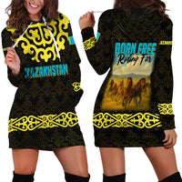 Kazakhstan Born Free Riding Far Hoodie Dress with Wild Horses and Gold Tribal Pattern on Black
