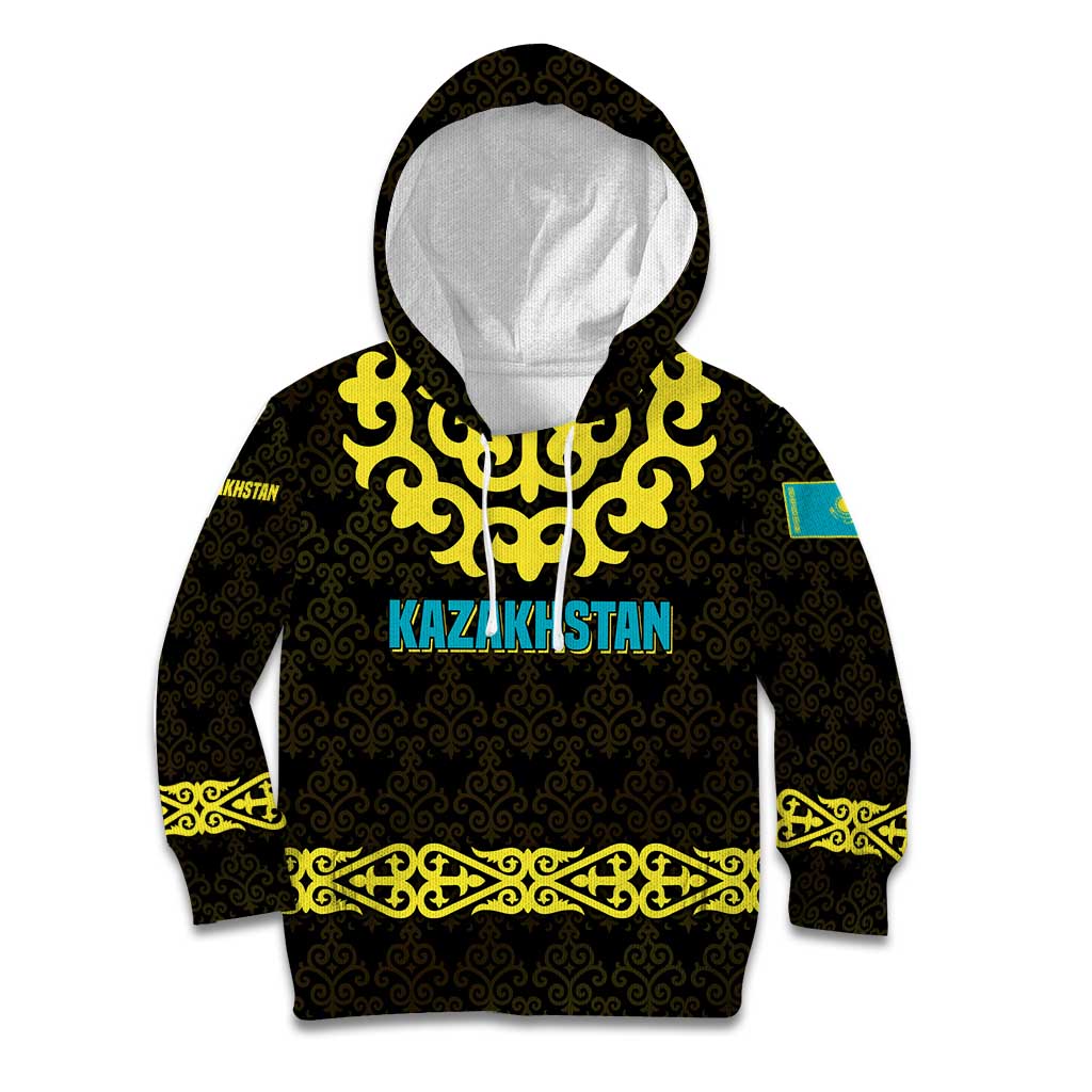 Kazakhstan Born Free Riding Far Kid Hoodie with Wild Horses and Gold Tribal Pattern on Black