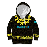 Kazakhstan Born Free Riding Far Kid Hoodie with Wild Horses and Gold Tribal Pattern on Black