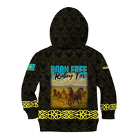 Kazakhstan Born Free Riding Far Kid Hoodie with Wild Horses and Gold Tribal Pattern on Black