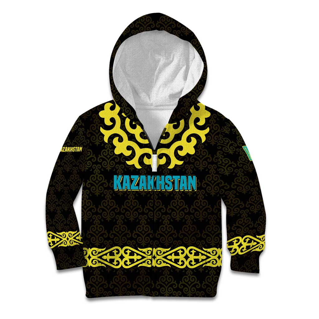 Kazakhstan Born Free Riding Far Kid Hoodie with Wild Horses and Gold Tribal Pattern on Black