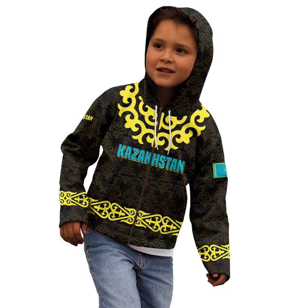 Kazakhstan Born Free Riding Far Kid Hoodie with Wild Horses and Gold Tribal Pattern on Black