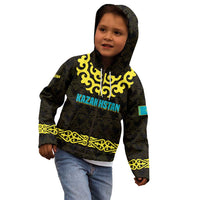 Kazakhstan Born Free Riding Far Kid Hoodie with Wild Horses and Gold Tribal Pattern on Black