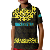 Kazakhstan Born Free Riding Far Kid Polo Shirt with Wild Horses and Gold Tribal Pattern on Black
