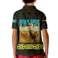 Kazakhstan Born Free Riding Far Kid Polo Shirt with Wild Horses and Gold Tribal Pattern on Black