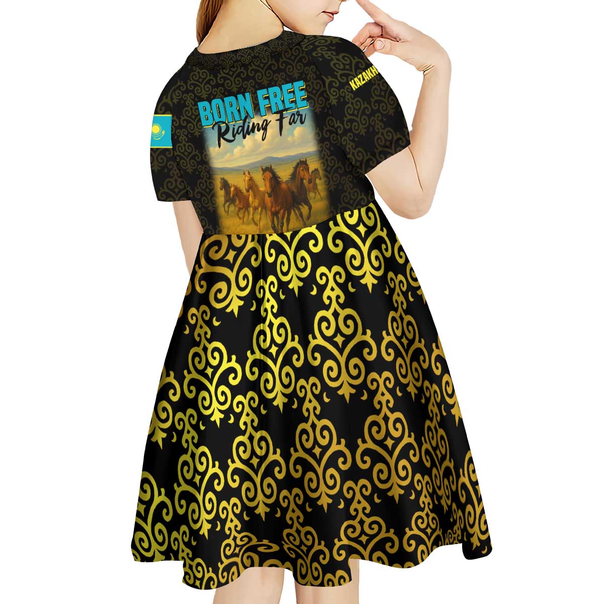Kazakhstan Born Free Riding Far Kid Short Sleeve Dress with Wild Horses and Gold Tribal Pattern on Black