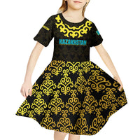 Kazakhstan Born Free Riding Far Kid Short Sleeve Dress with Wild Horses and Gold Tribal Pattern on Black