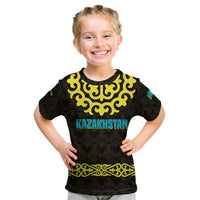 Kazakhstan Born Free Riding Far Kid T Shirt with Wild Horses and Gold Tribal Pattern on Black
