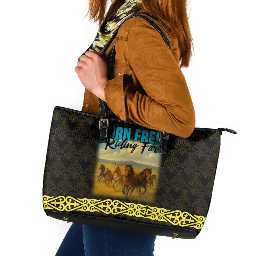 Kazakhstan Born Free Riding Far Leather Tote Bag with Wild Horses and Gold Tribal Pattern on Black