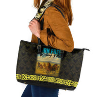 Kazakhstan Born Free Riding Far Leather Tote Bag with Wild Horses and Gold Tribal Pattern on Black