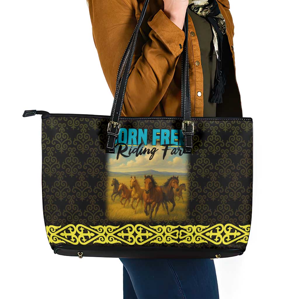 Kazakhstan Born Free Riding Far Leather Tote Bag with Wild Horses and Gold Tribal Pattern on Black