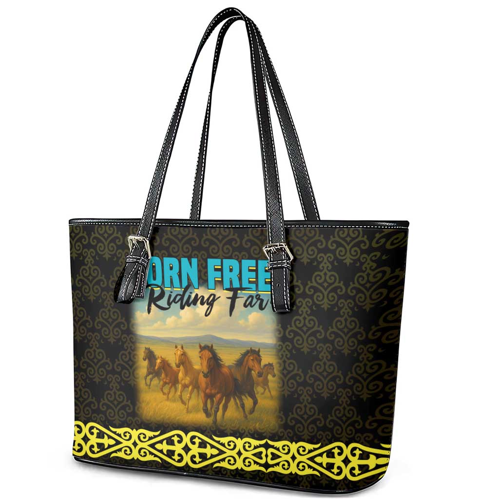 Kazakhstan Born Free Riding Far Leather Tote Bag with Wild Horses and Gold Tribal Pattern on Black