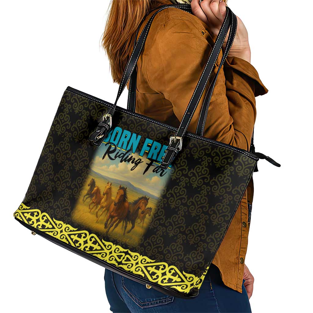 Kazakhstan Born Free Riding Far Leather Tote Bag with Wild Horses and Gold Tribal Pattern on Black