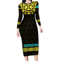 Kazakhstan Born Free Riding Far Long Sleeve Bodycon Dress with Wild Horses and Gold Tribal Pattern on Black