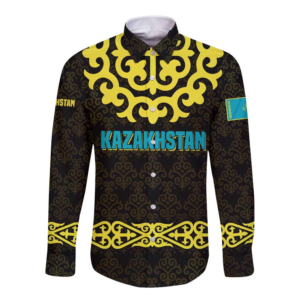 Kazakhstan Born Free Riding Far Long Sleeve Button Shirt with Wild Horses and Gold Tribal Pattern on Black