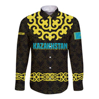 Kazakhstan Born Free Riding Far Long Sleeve Button Shirt with Wild Horses and Gold Tribal Pattern on Black