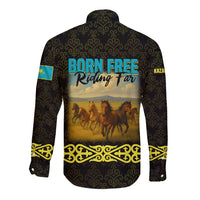 Kazakhstan Born Free Riding Far Long Sleeve Button Shirt with Wild Horses and Gold Tribal Pattern on Black