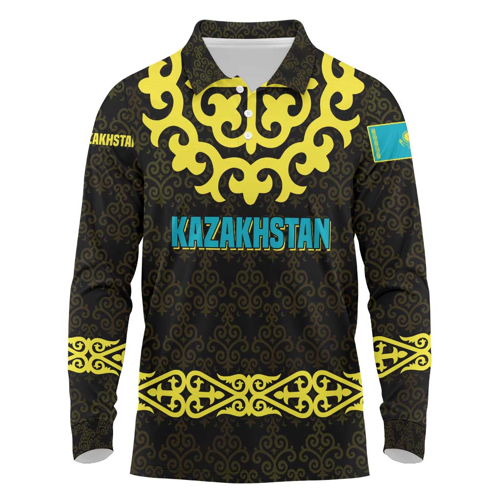 Kazakhstan Born Free Riding Far Long Sleeve Polo Shirt with Wild Horses and Gold Tribal Pattern on Black