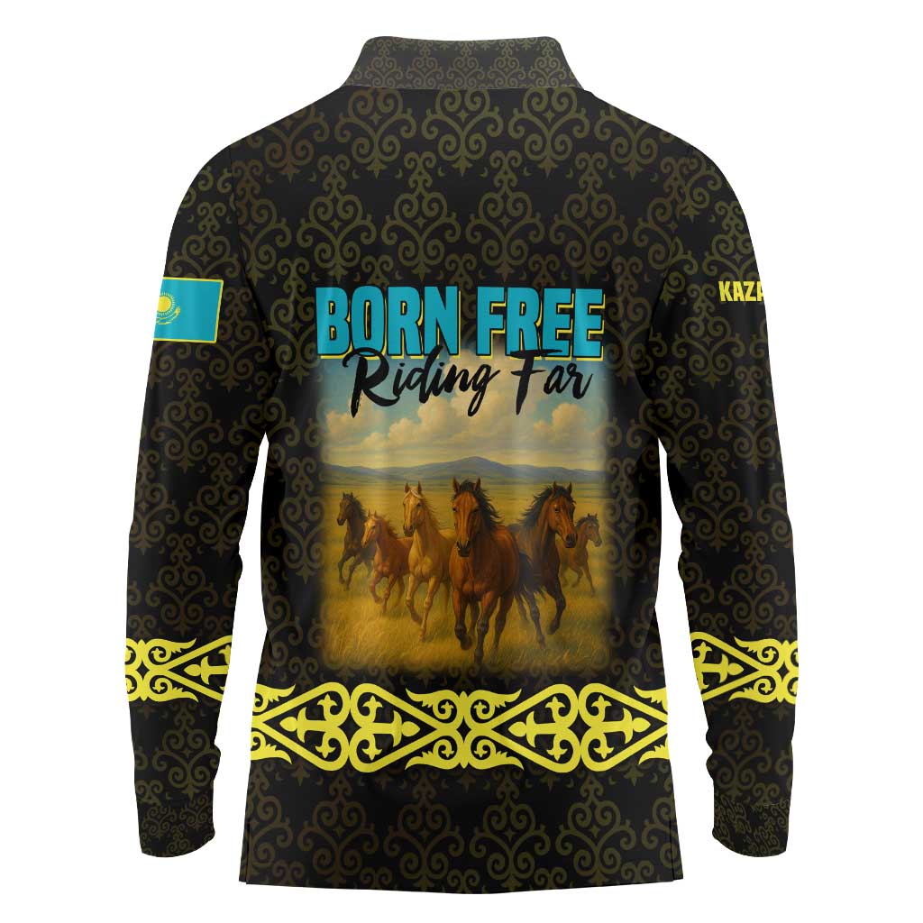 Kazakhstan Born Free Riding Far Long Sleeve Polo Shirt with Wild Horses and Gold Tribal Pattern on Black