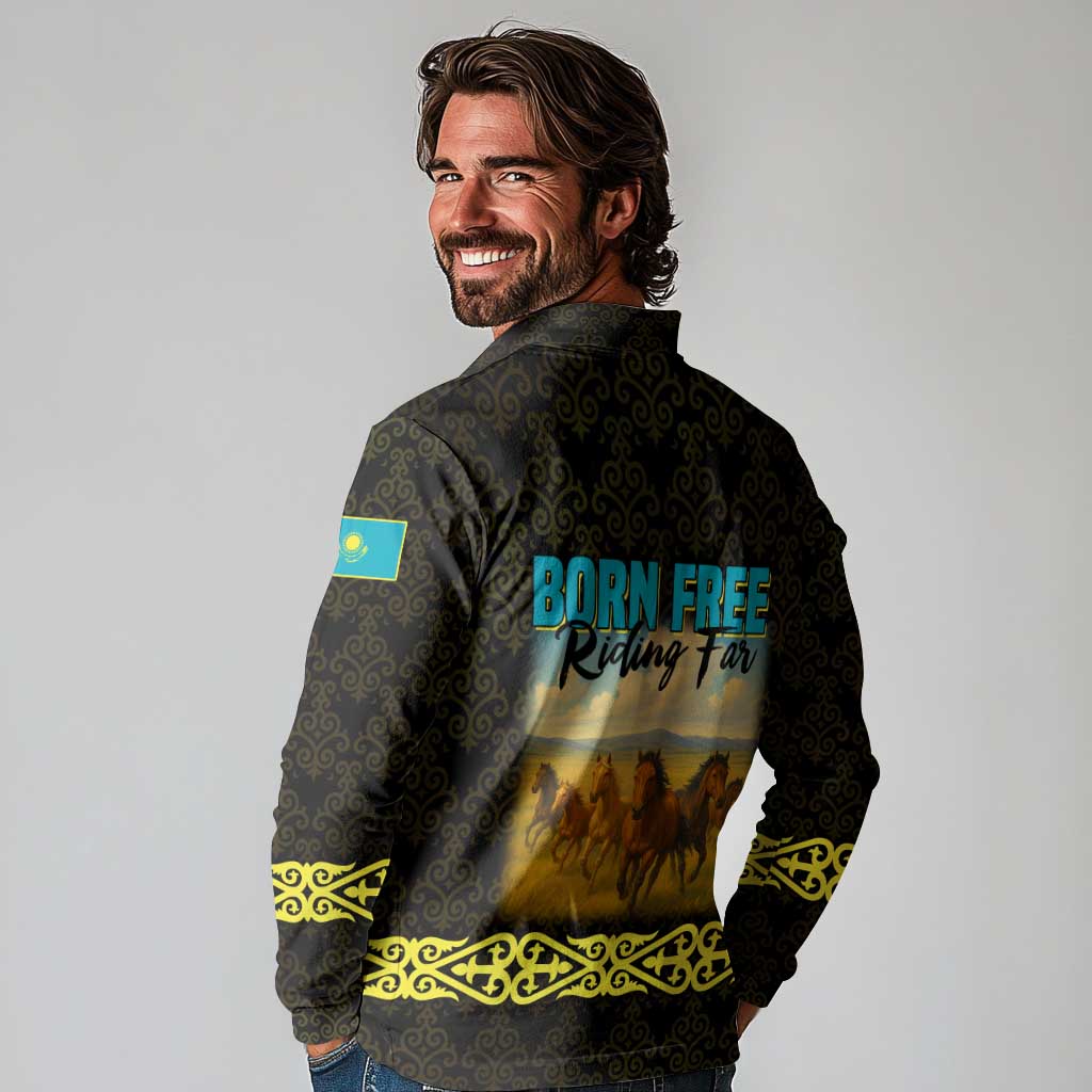 Kazakhstan Born Free Riding Far Long Sleeve Polo Shirt with Wild Horses and Gold Tribal Pattern on Black