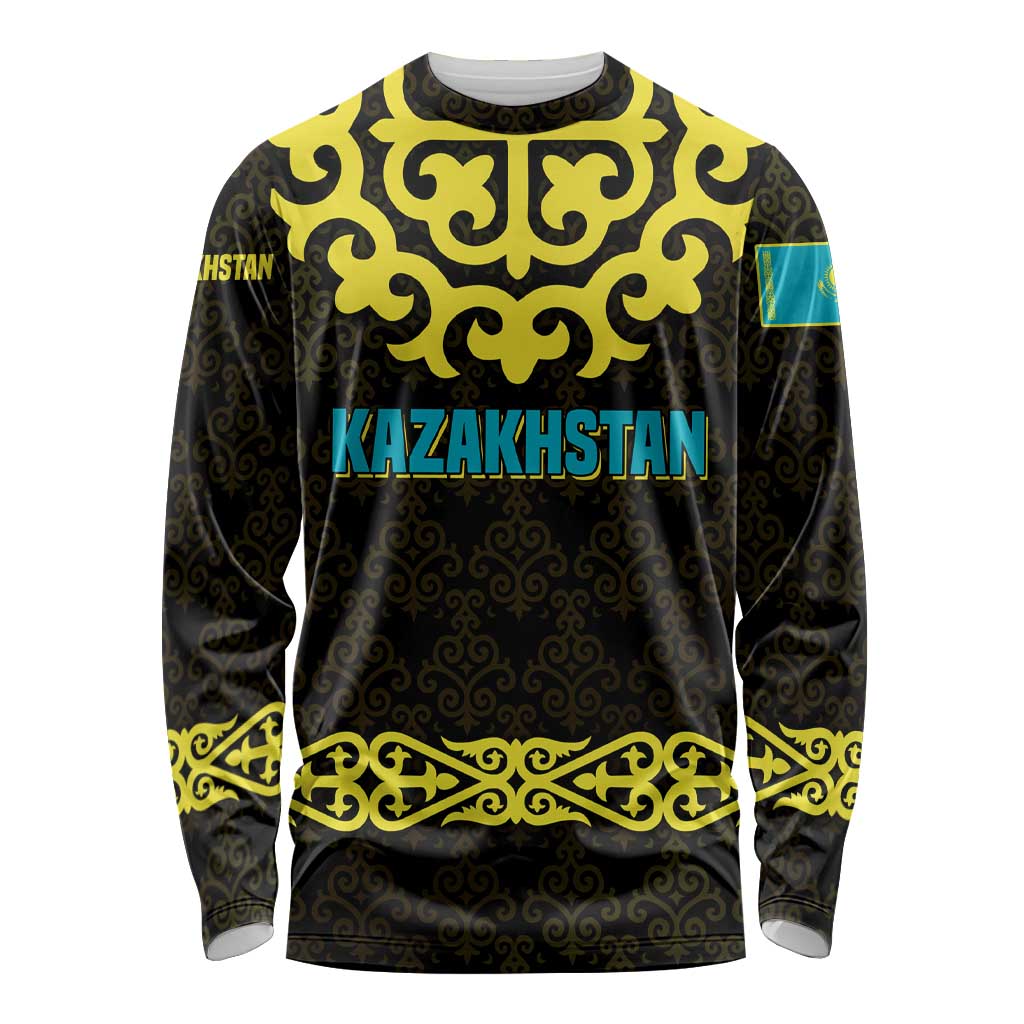 Kazakhstan Born Free Riding Far Long Sleeve Shirt with Wild Horses and Gold Tribal Pattern on Black