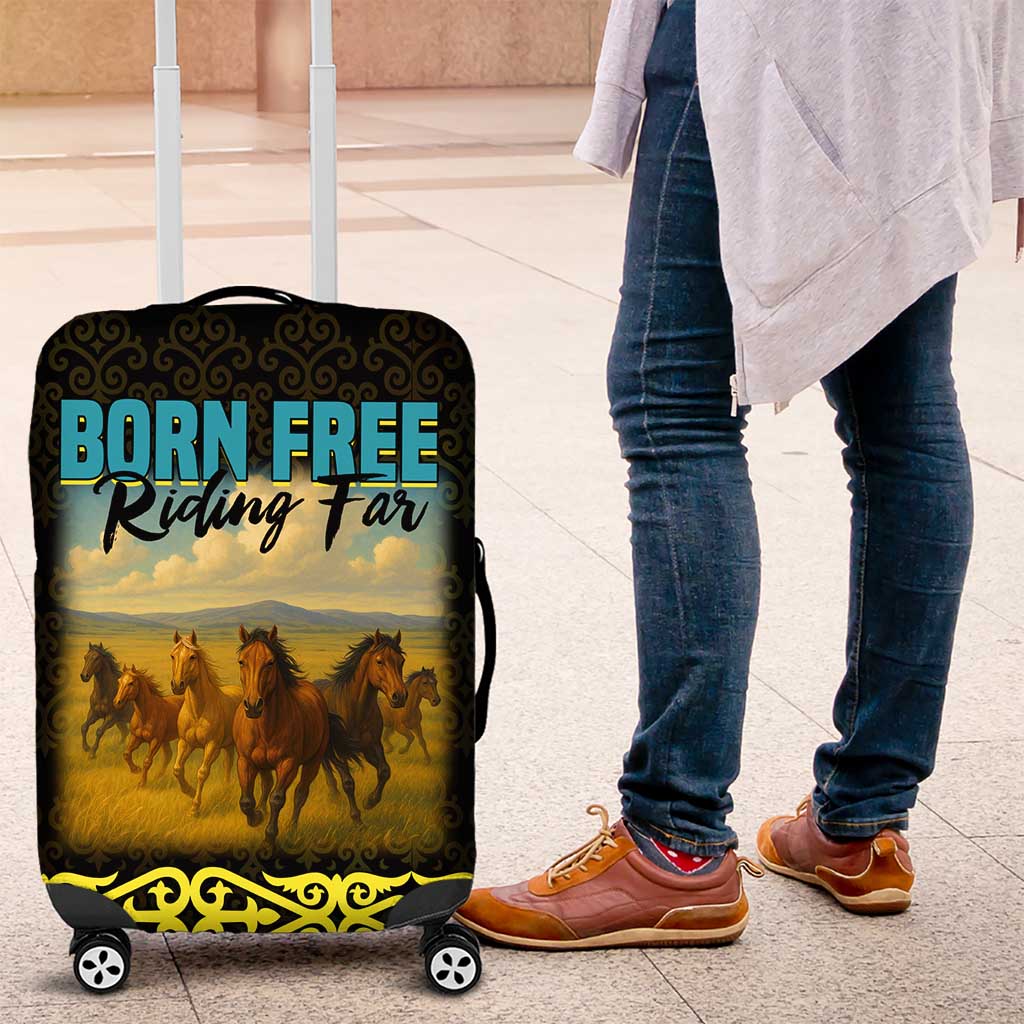Kazakhstan Born Free Riding Far Luggage Cover with Wild Horses and Gold Tribal Pattern on Black