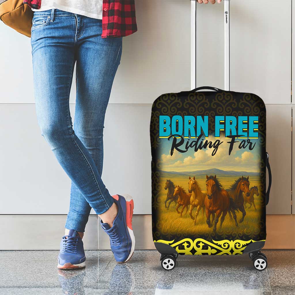 Kazakhstan Born Free Riding Far Luggage Cover with Wild Horses and Gold Tribal Pattern on Black