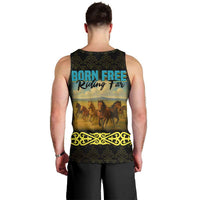 Kazakhstan Born Free Riding Far Men Tank Top with Wild Horses and Gold Tribal Pattern on Black