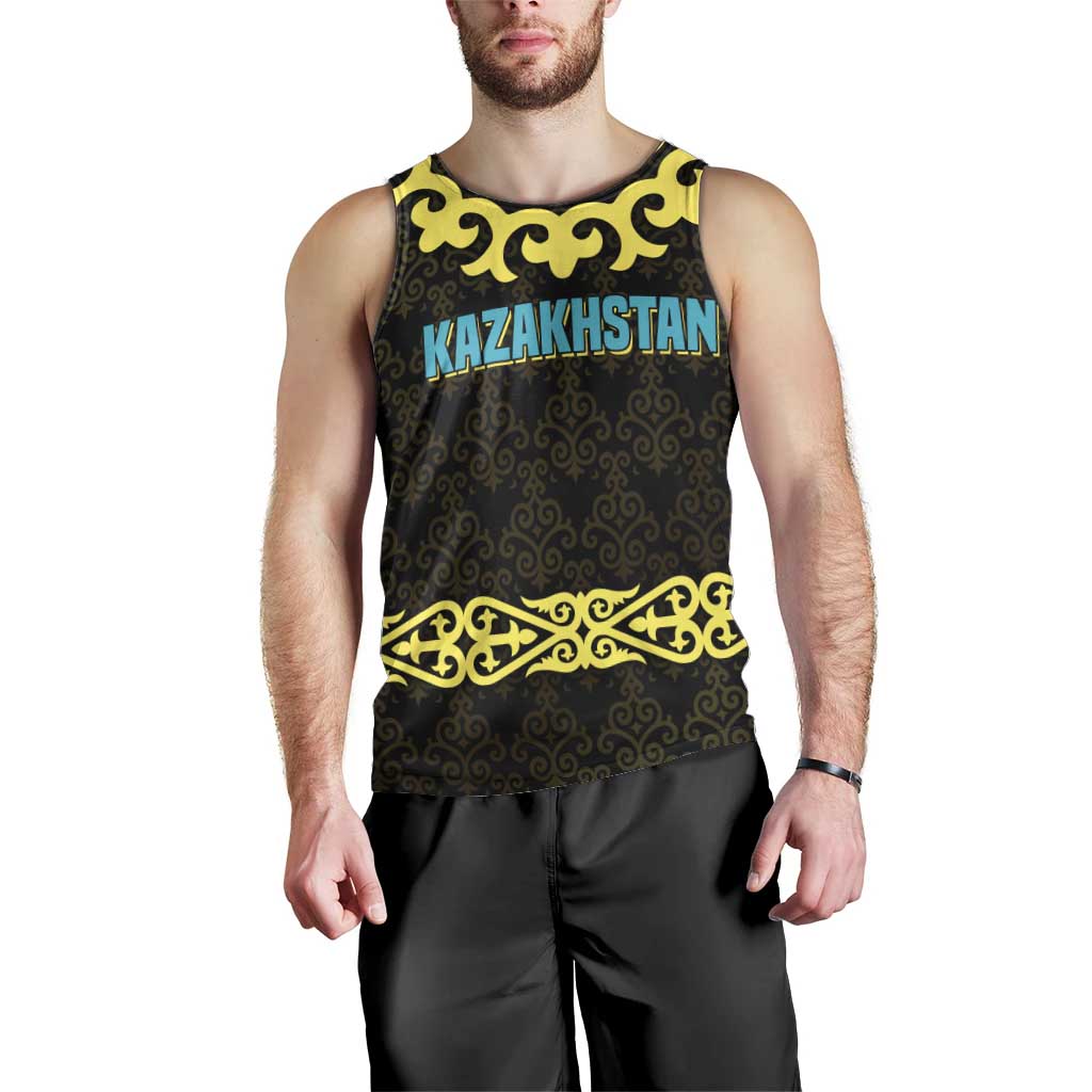 Kazakhstan Born Free Riding Far Men Tank Top with Wild Horses and Gold Tribal Pattern on Black