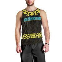 Kazakhstan Born Free Riding Far Men Tank Top with Wild Horses and Gold Tribal Pattern on Black