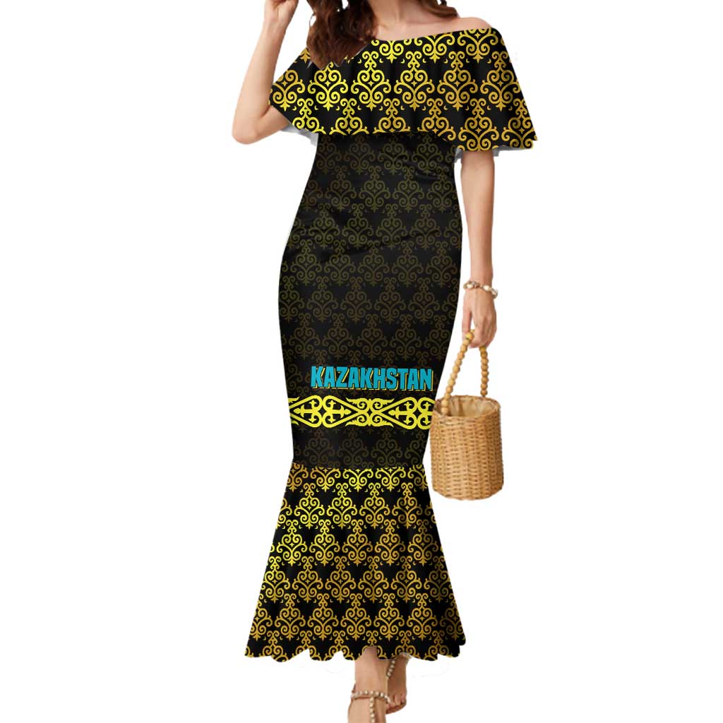 Kazakhstan Born Free Riding Far Mermaid Dress with Wild Horses and Gold Tribal Pattern on Black
