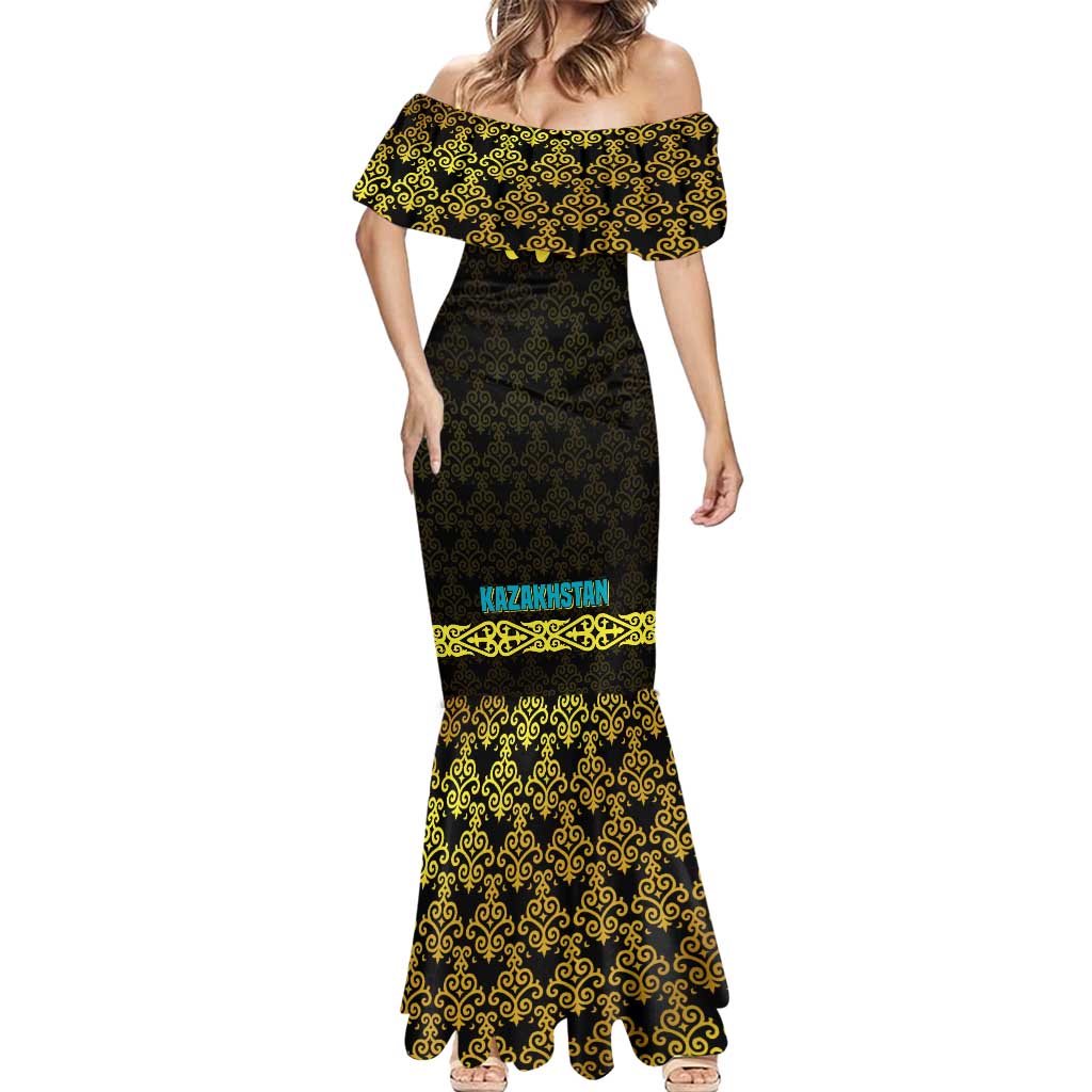 Kazakhstan Born Free Riding Far Mermaid Dress with Wild Horses and Gold Tribal Pattern on Black