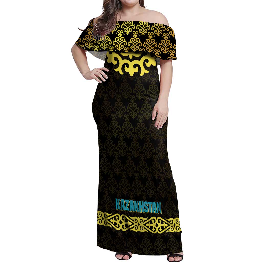 Kazakhstan Born Free Riding Far Off Shoulder Maxi Dress with Wild Horses and Gold Tribal Pattern on Black