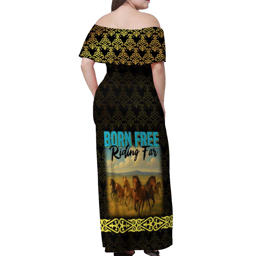 Kazakhstan Born Free Riding Far Off Shoulder Maxi Dress with Wild Horses and Gold Tribal Pattern on Black