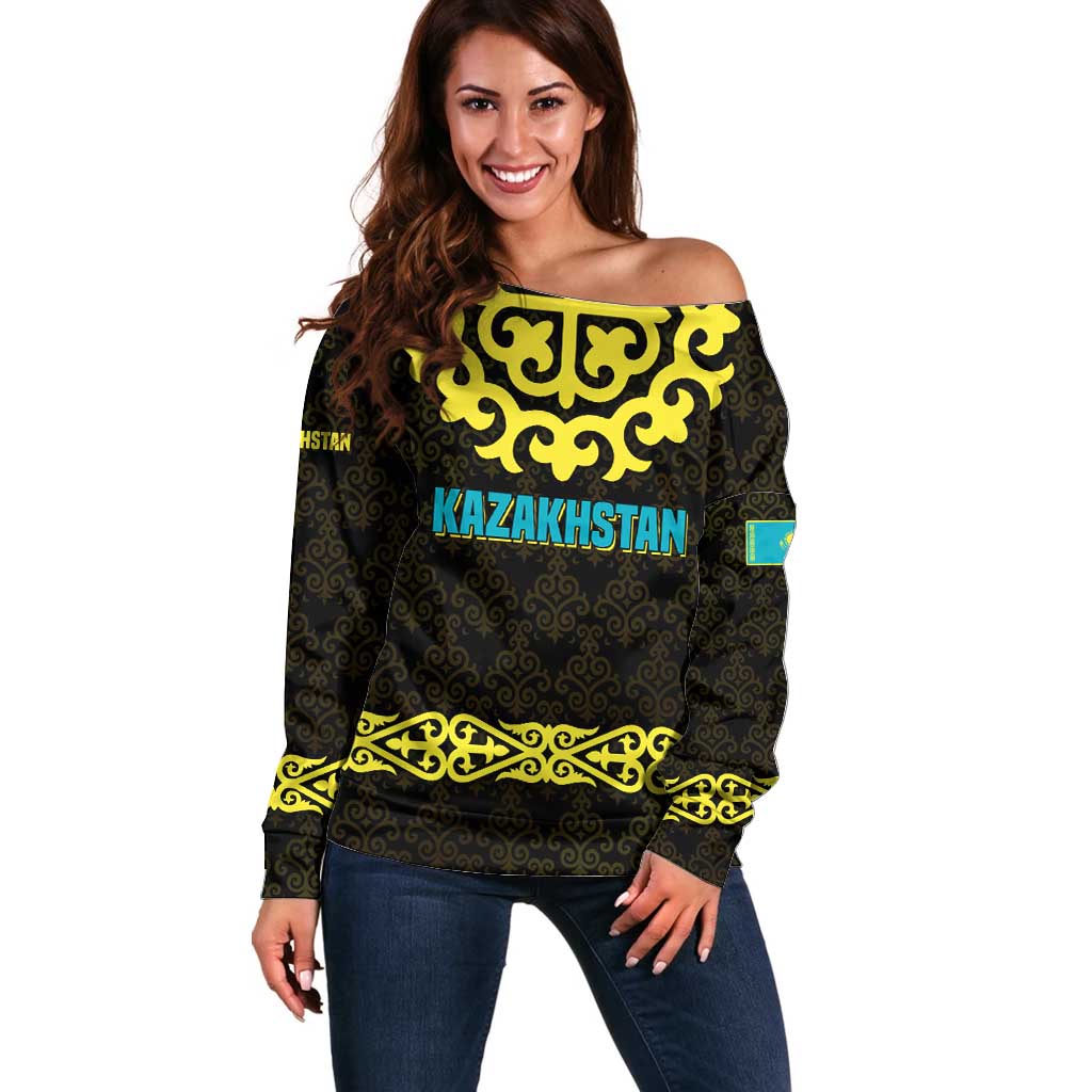 Kazakhstan Born Free Riding Far Off Shoulder Sweater with Wild Horses and Gold Tribal Pattern on Black