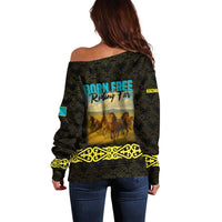 Kazakhstan Born Free Riding Far Off Shoulder Sweater with Wild Horses and Gold Tribal Pattern on Black