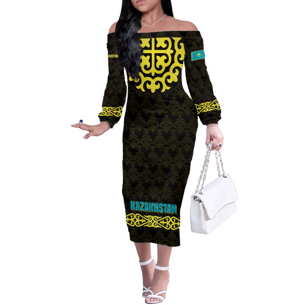 Kazakhstan Born Free Riding Far Off The Shoulder Long Sleeve Dress with Wild Horses and Gold Tribal Pattern on Black