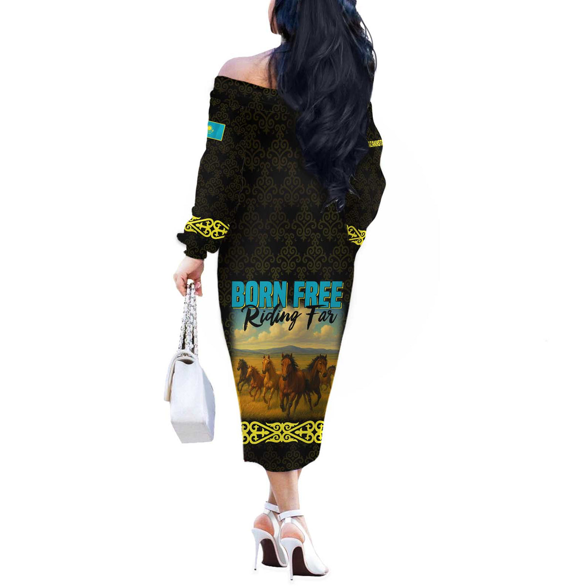 Kazakhstan Born Free Riding Far Off The Shoulder Long Sleeve Dress with Wild Horses and Gold Tribal Pattern on Black