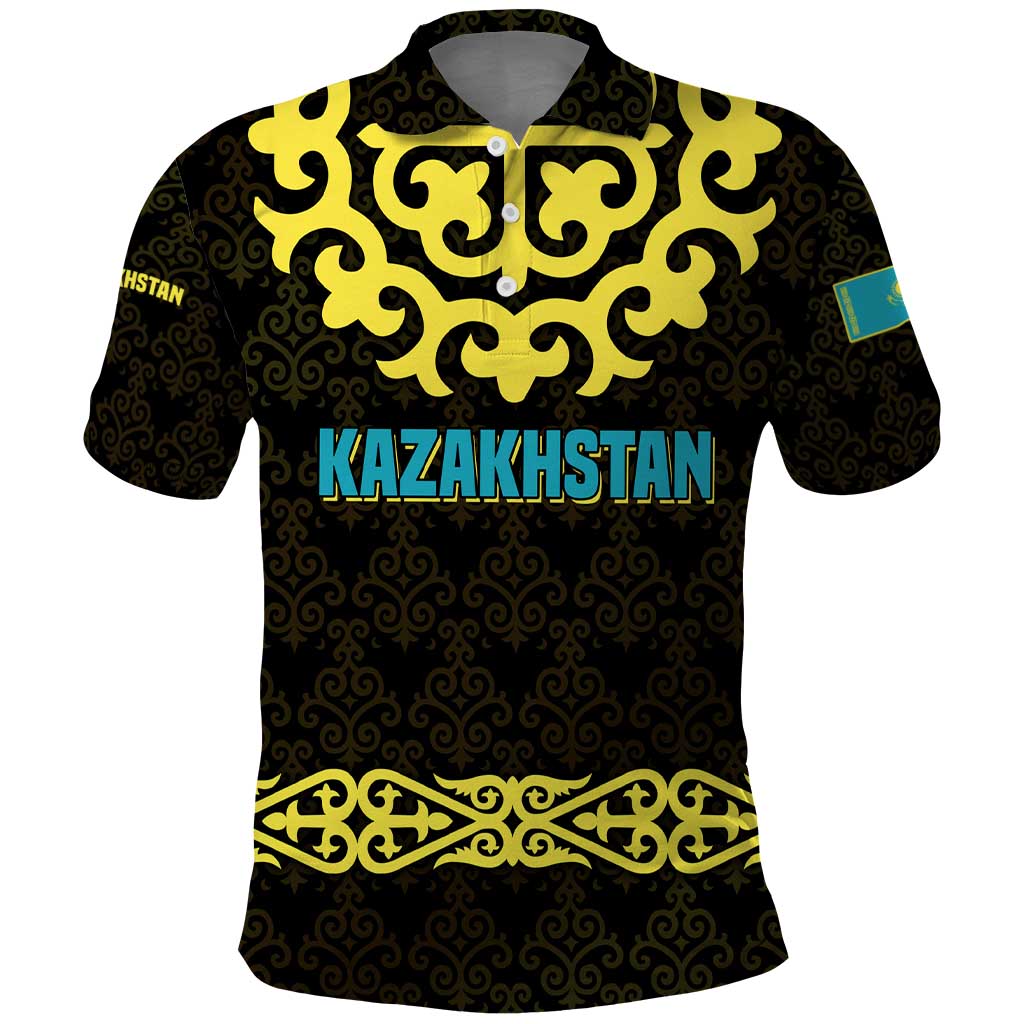 Kazakhstan Born Free Riding Far Polo Shirt with Wild Horses and Gold Tribal Pattern on Black