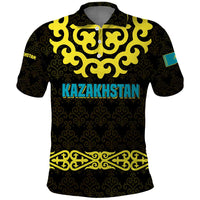 Kazakhstan Born Free Riding Far Polo Shirt with Wild Horses and Gold Tribal Pattern on Black