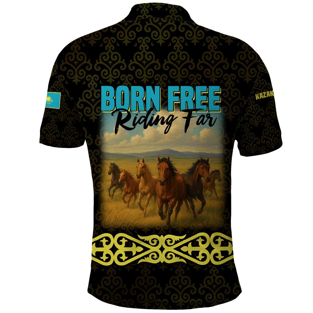 Kazakhstan Born Free Riding Far Polo Shirt with Wild Horses and Gold Tribal Pattern on Black