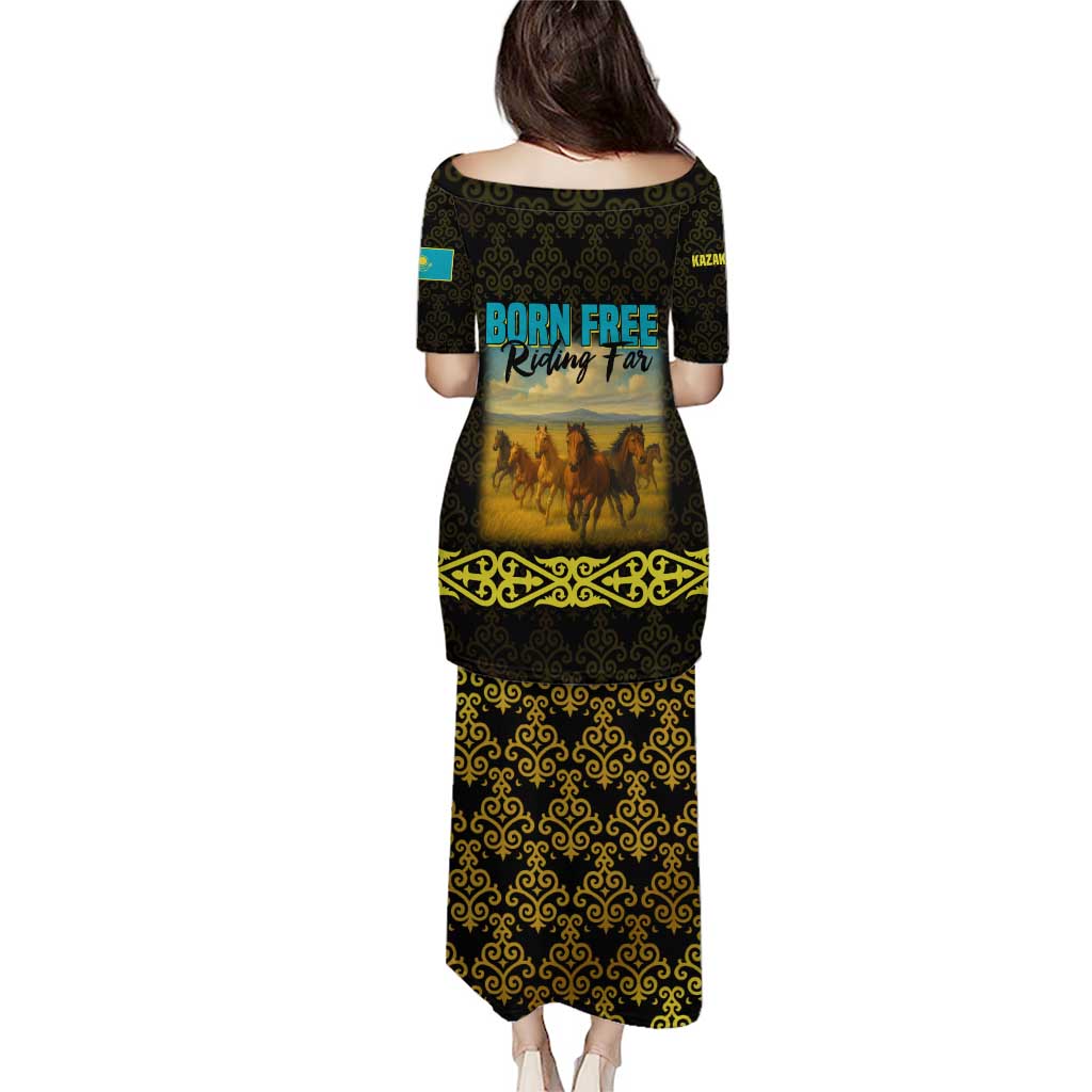 Kazakhstan Born Free Riding Far Puletasi with Wild Horses and Gold Tribal Pattern on Black
