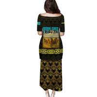 Kazakhstan Born Free Riding Far Puletasi with Wild Horses and Gold Tribal Pattern on Black