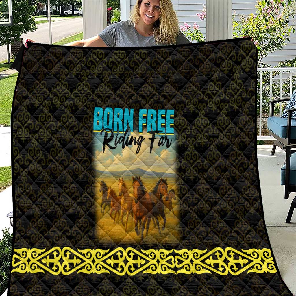 Kazakhstan Born Free Riding Far Quilt with Wild Horses and Gold Tribal Pattern on Black