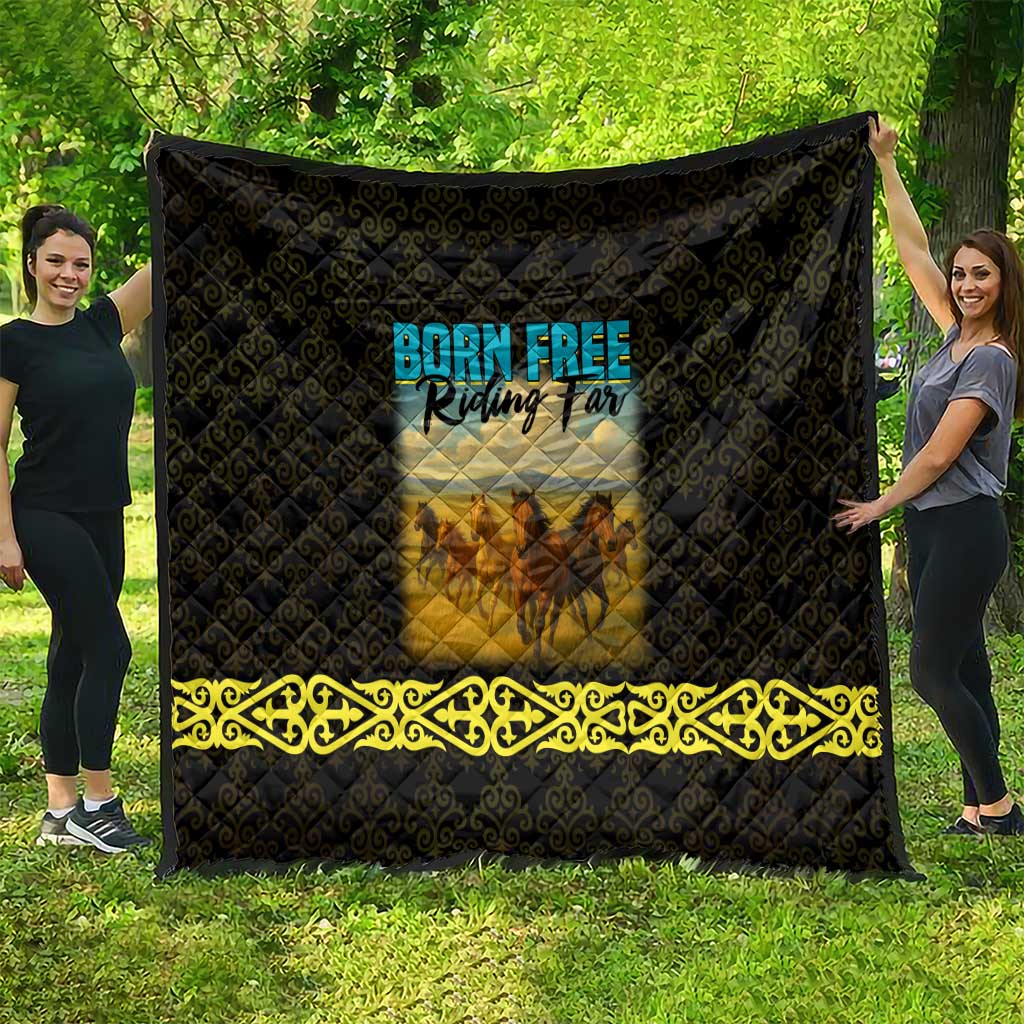Kazakhstan Born Free Riding Far Quilt with Wild Horses and Gold Tribal Pattern on Black
