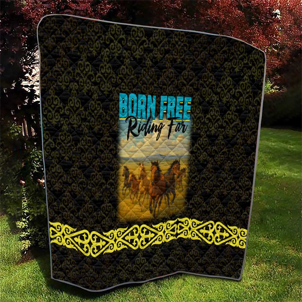 Kazakhstan Born Free Riding Far Quilt with Wild Horses and Gold Tribal Pattern on Black